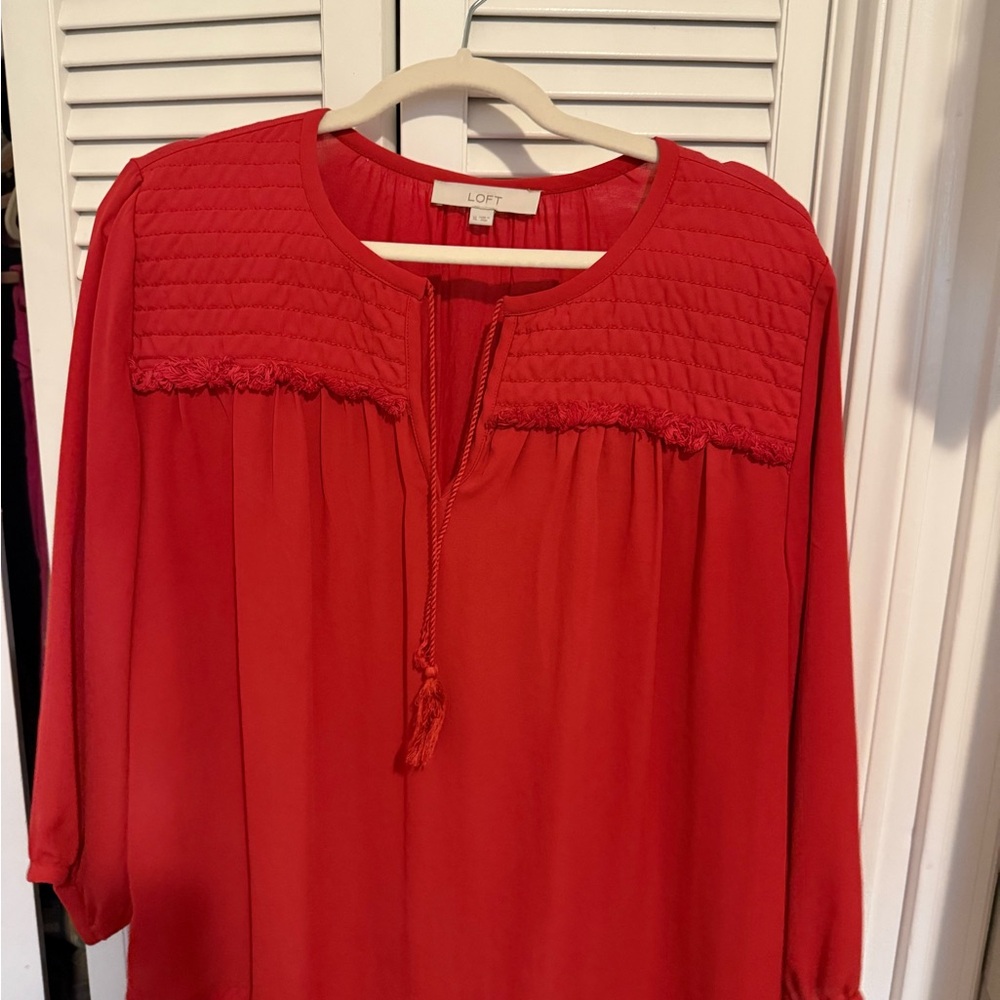 LOFT Red Smocked 3/4 Sleeve Blouse
